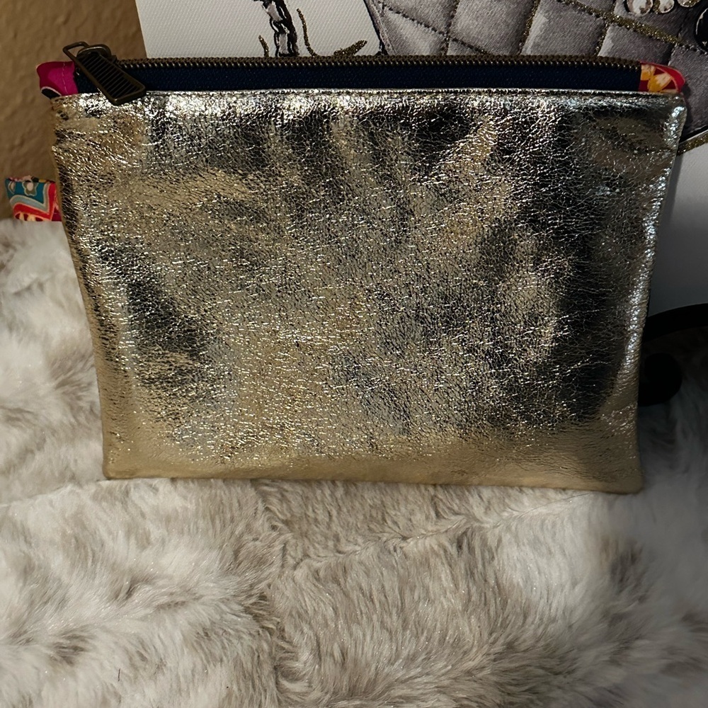 Cosmetic Pouch Made With Gold Vinyl and Cotton Interior Print Hancrafted